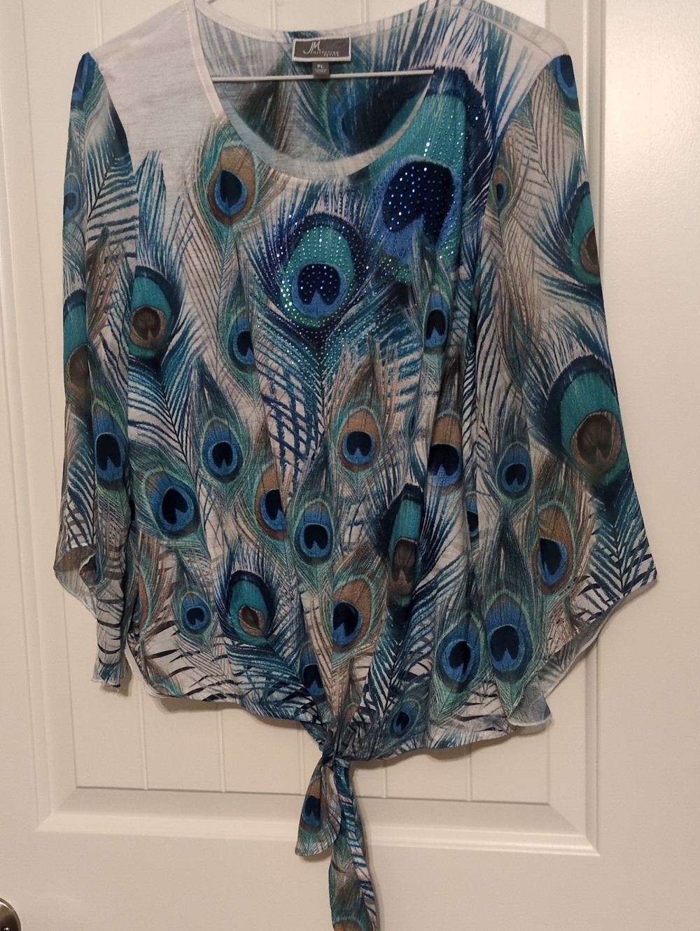 Melissa Peacock-Print Tie-Front Blouse in Blue and Teal